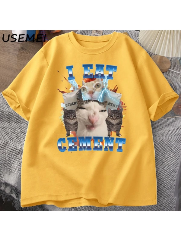 Ben çimento komik kedi Meme Tee pamuk kısa kollu aptal çirkin kediler baskılı T Shirt