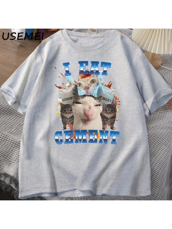 Ben çimento komik kedi Meme Tee pamuk kısa kollu aptal çirkin kediler baskılı T Shirt