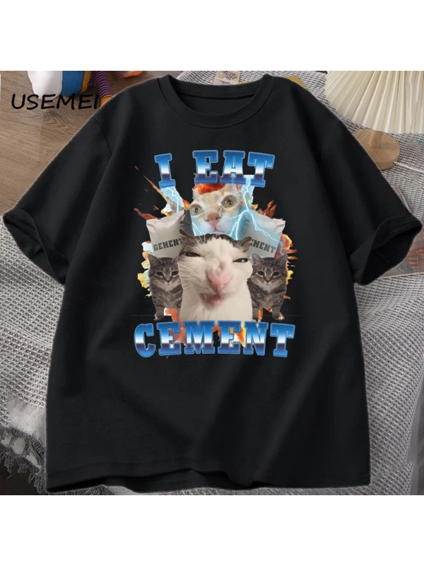 Ben çimento komik kedi Meme Tee pamuk kısa kollu aptal çirkin kediler baskılı T Shirt