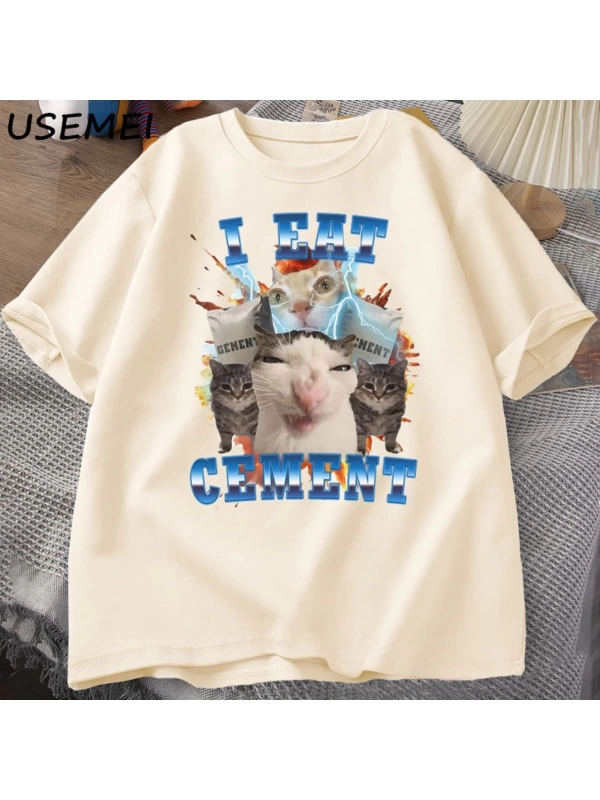 Ben çimento komik kedi Meme Tee pamuk kısa kollu kediler baskılı Bej T Shirt