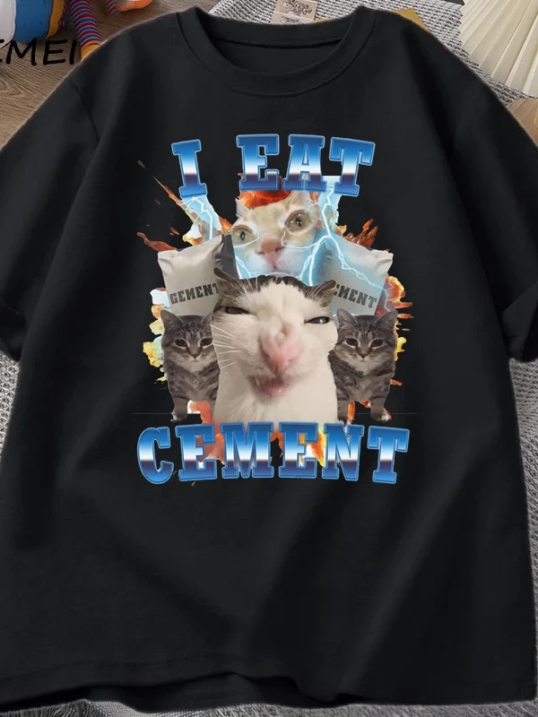 Ben Yiyorum Çimento Komik Kedi Meme TeePamuk Kısa Kollu Aptal Çirkin Kediler Baskılı  2816