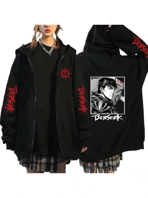 Berserk Anime Fermuarlı Hoodie Model 103 12286 Siyah