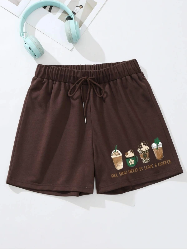 Beverage & Slogan Graphic Drawstring Waist Şort