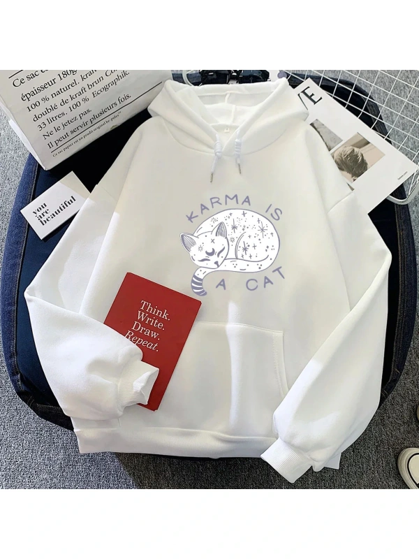 Beyaz Eras turu Karma bir kedi 2D Hoodies Casual boy