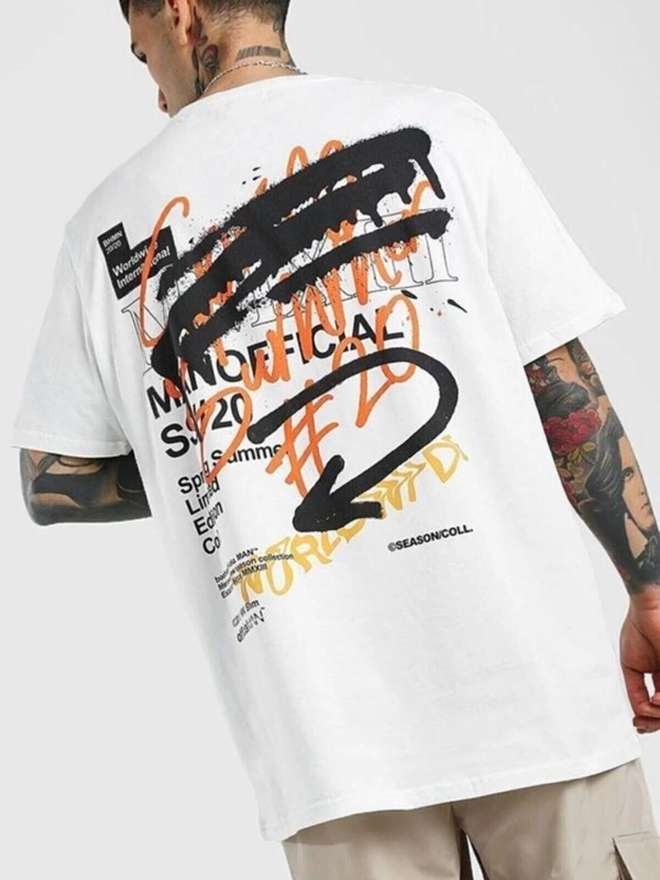 Beyaz Erkek Grafiti Baskılı Oversize T-shirt