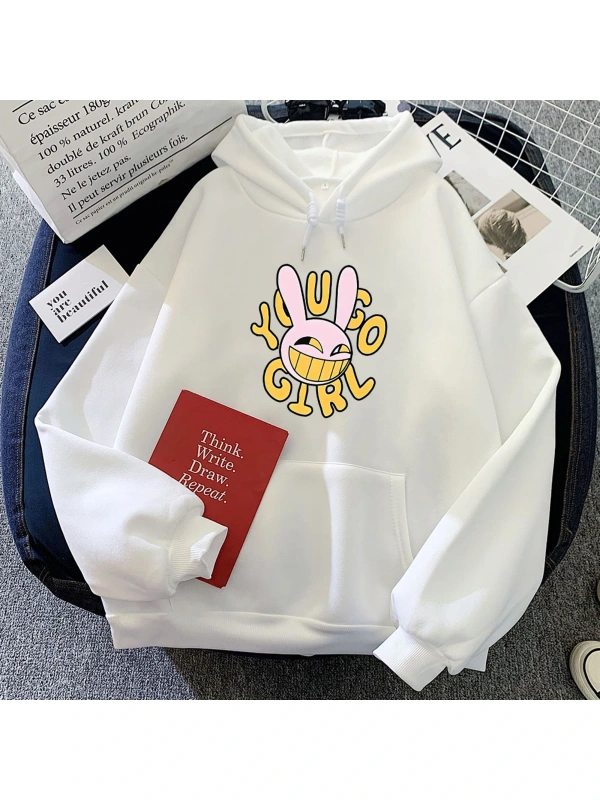 Beyaz İnanılmaz Sirk Tavşan HoodiesKarikatür Grafik Rahat Kawaii Bask