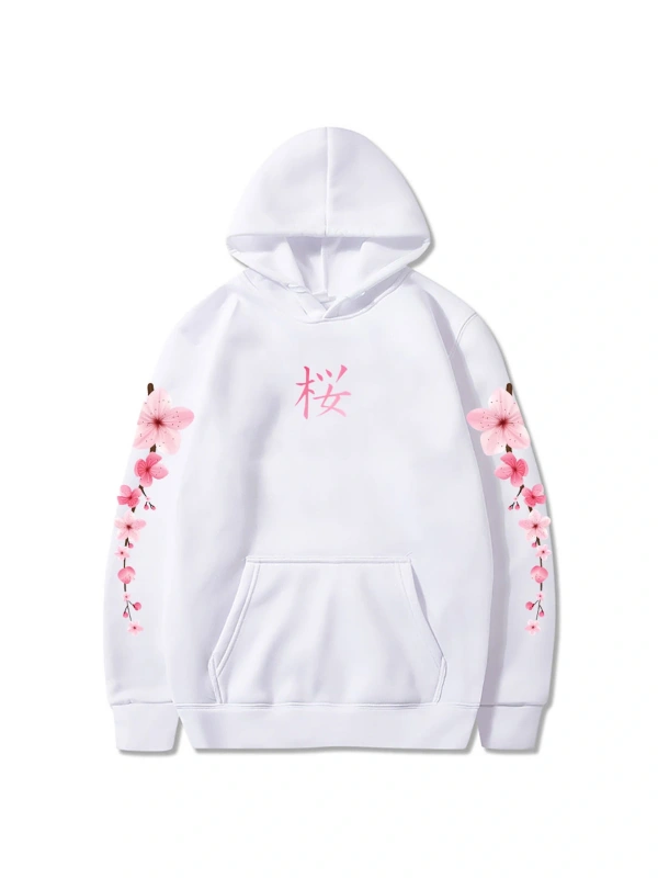 Beyaz Japon Çiçeği Sakura Grafik Hoodiesahat Rahat KarikatürK