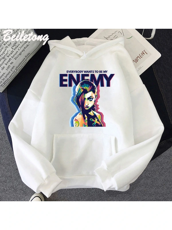 Beyaz Jinx Arcane Hoodie DÜŞMAN Serin Grafik Sudaderas S