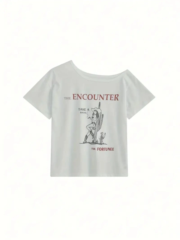 Beyaz Kadın Düşük Omuz Kayık Yaka Baskılı