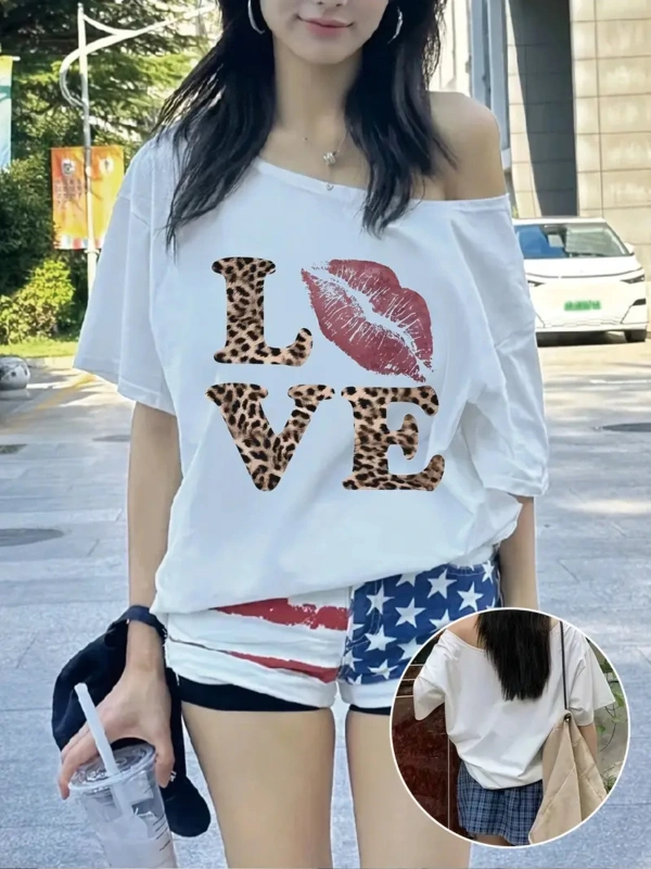 Beyaz Kadın Düşük Omuz Kayık Yaka Baskılı