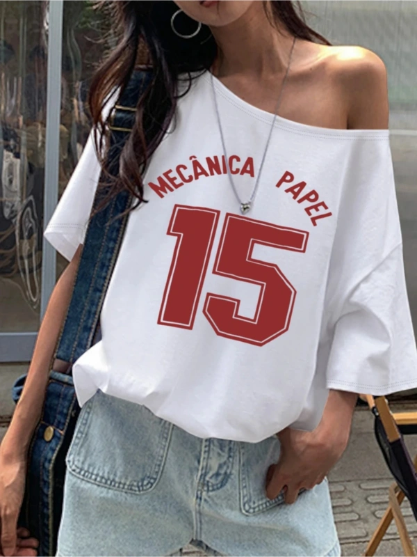 Beyaz Kadın Düşük Omuz Kayık Yaka Papel 15 Baskılı