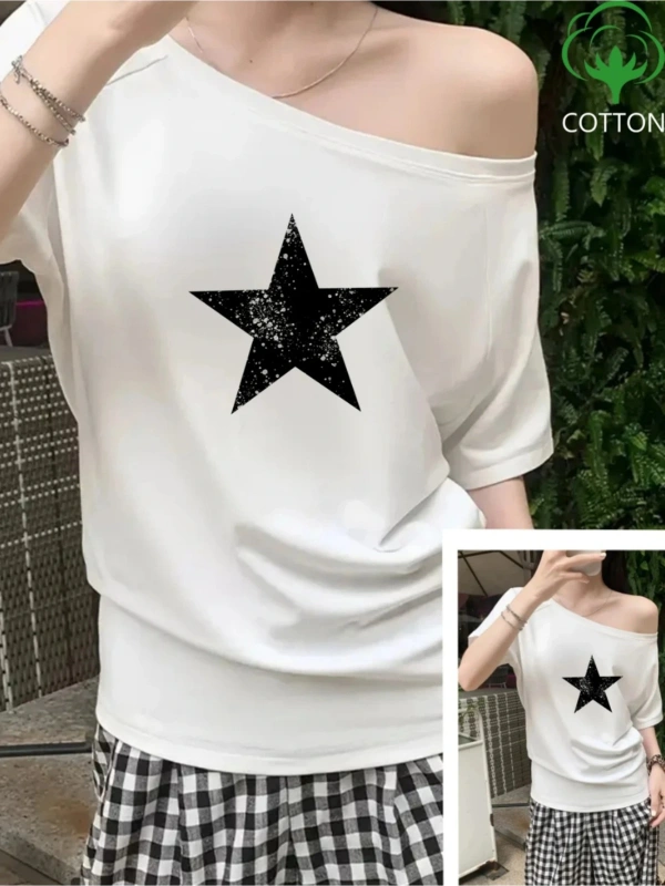 Beyaz Kadın Düşük Omuz Kayık Yaka Siyah Yıldız Baskılı