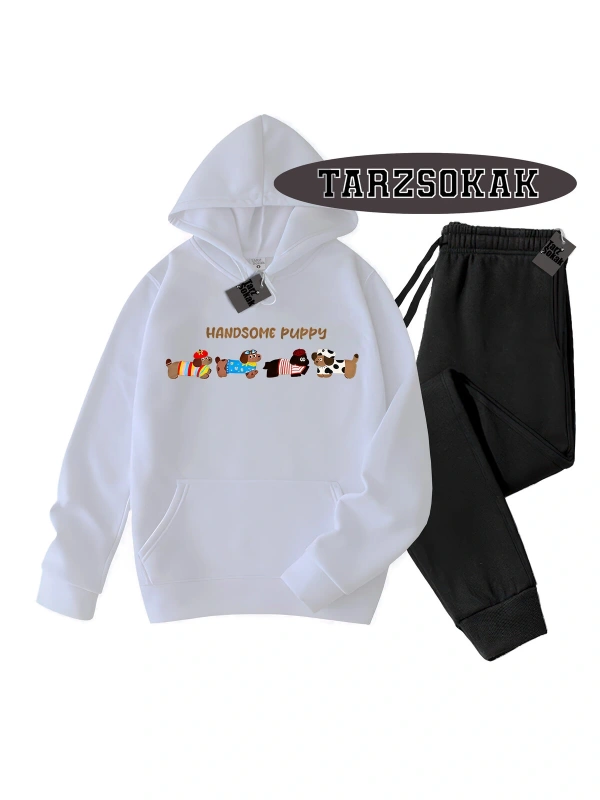 Beyaz Kapşonlu Handsome Detaylı ikili TAKIM