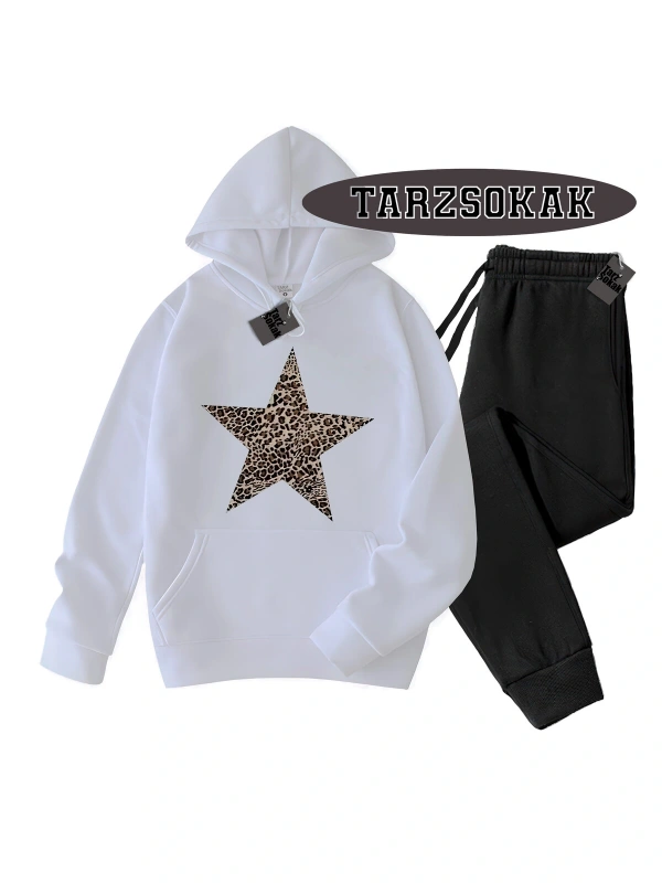 Beyaz Kapşonlu Leopar Yıldız Detaylı ikili TAKIM
