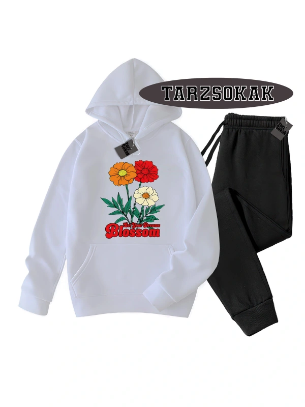 Beyaz Kapşonlu Let your dreams blossom Detaylı ikili TAKIM
