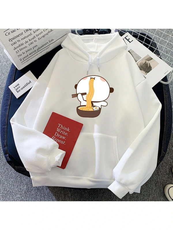 Beyaz Karikatür Panda Ayı Bubu DuduHoodies Yeme Ra Grafik Po