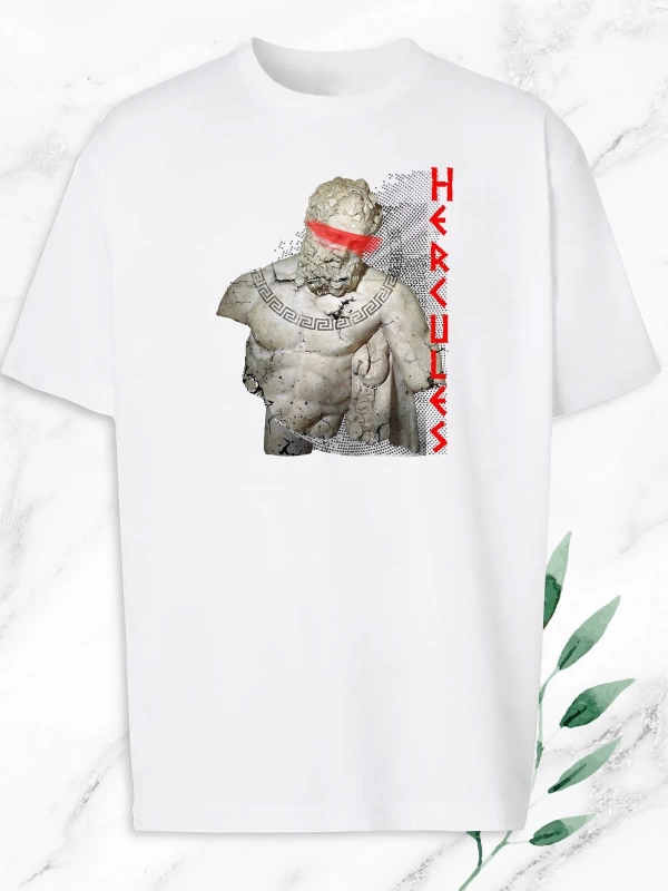 Beyaz Oversize Mitoloji Herkül Herakles Heykel Baskılı Tişört