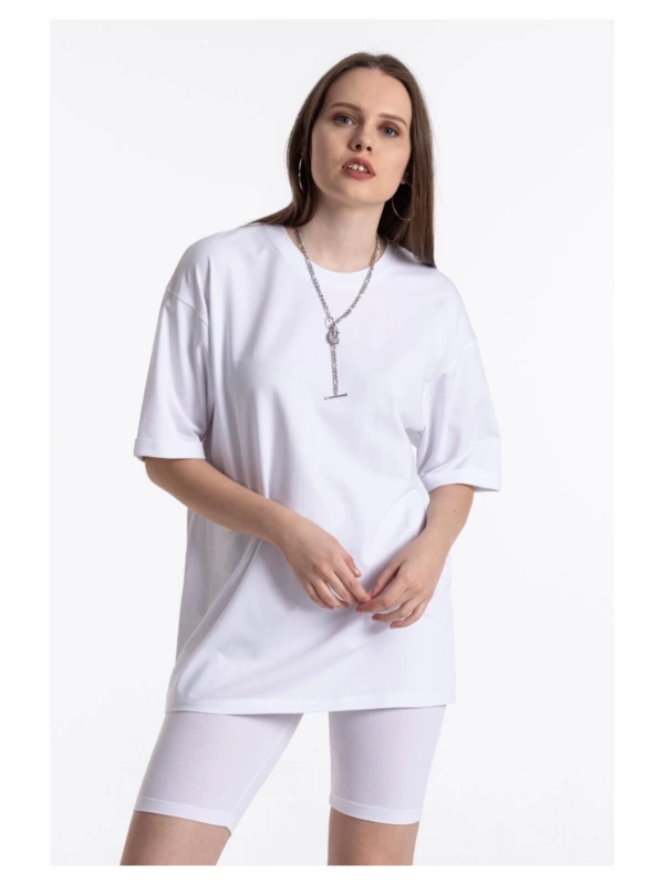 Beyaz Renkli, Düz, Kısa Kollu Boyfriend Örme T-shirt