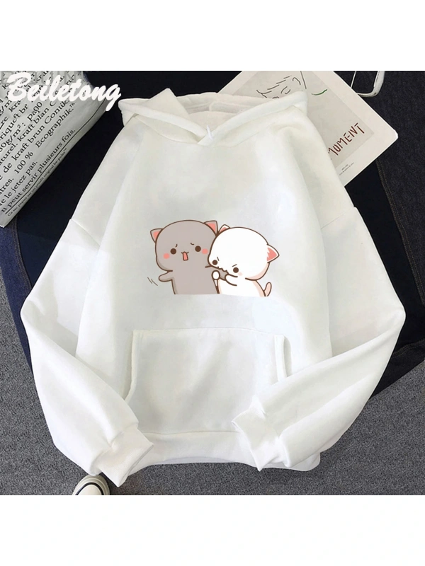 Beyaz Şeftali Ve Goma HoodieŞeftali Kedi Mochi Sevimli Romantik KawaiiArka