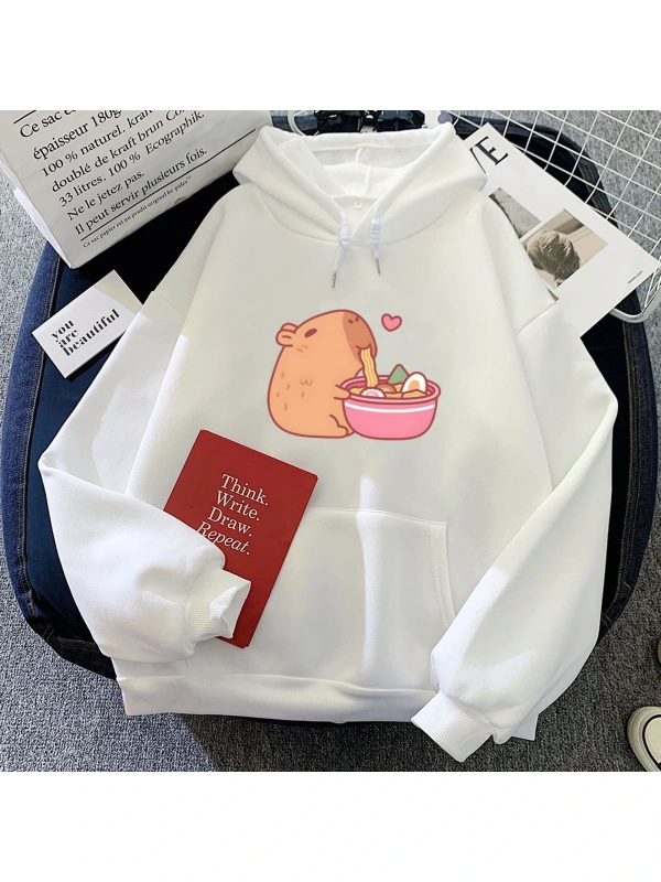 Beyaz Sevimli Capybara yeme Ra Hoodies Kawaii karikatür grafikul