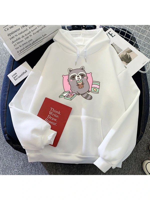 Beyaz Sevimli Rakun Yeme Kabarcık Süt Çay Hoodies Rahat Kawai