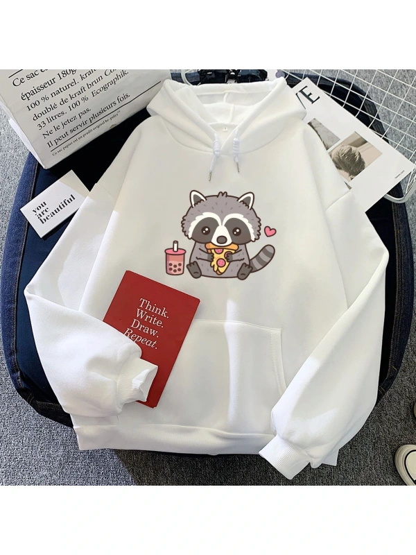 Beyaz Sevimli Rakun Yeme Kabarcık Süt Çay ve Pizza Hoodies Kawaii Karikatür