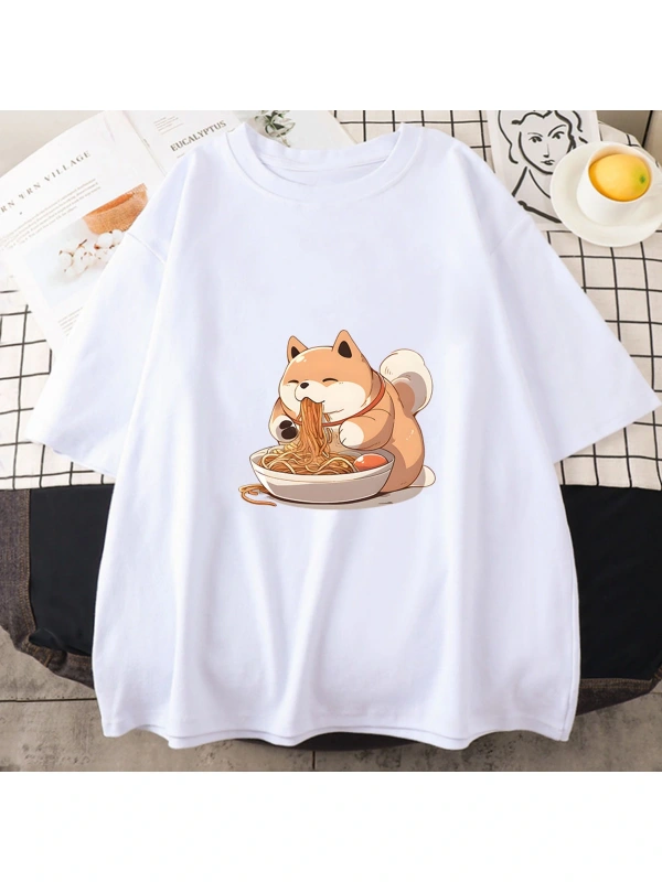 Beyaz Shiba Inu Keyifli Ramen Grafik Tshirt kıyafetleri Yaz Komik Japon Şehriye Harajuku Bask