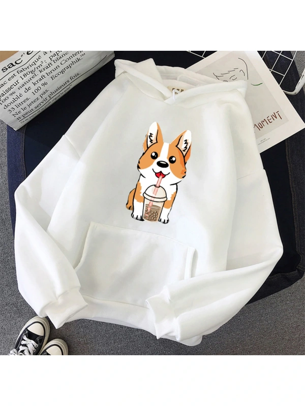 Beyaz Süt çay bardağı Corgi moda Unisex Hoodies bahar sonbaharrahat Hoodies öğrenci
