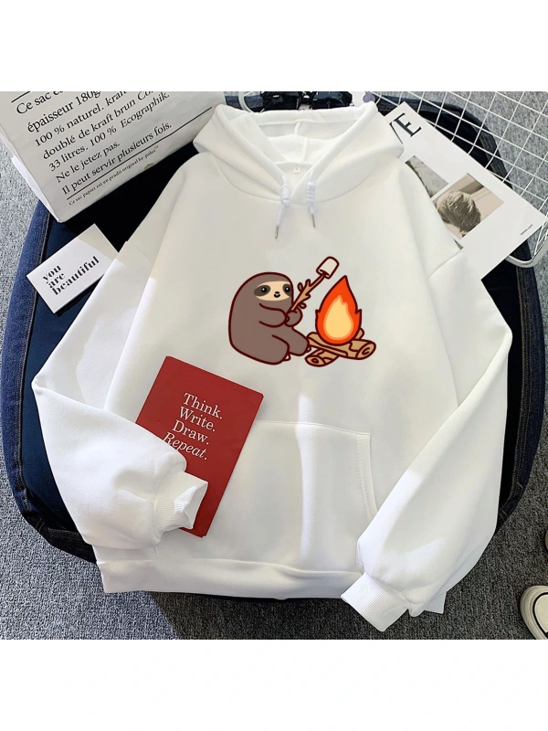 Beyaz Tembellik Kawaii Sokak Bisiklet Yaka Ayı Baskılı Kapş