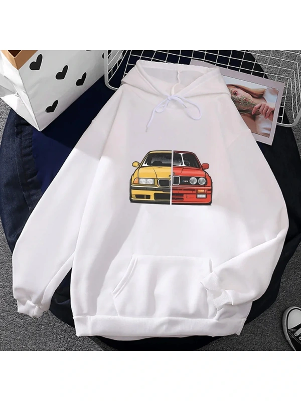 Beyaz Unisex Araba Grafik Hoodie Sonbahar Rahat Baskıevş