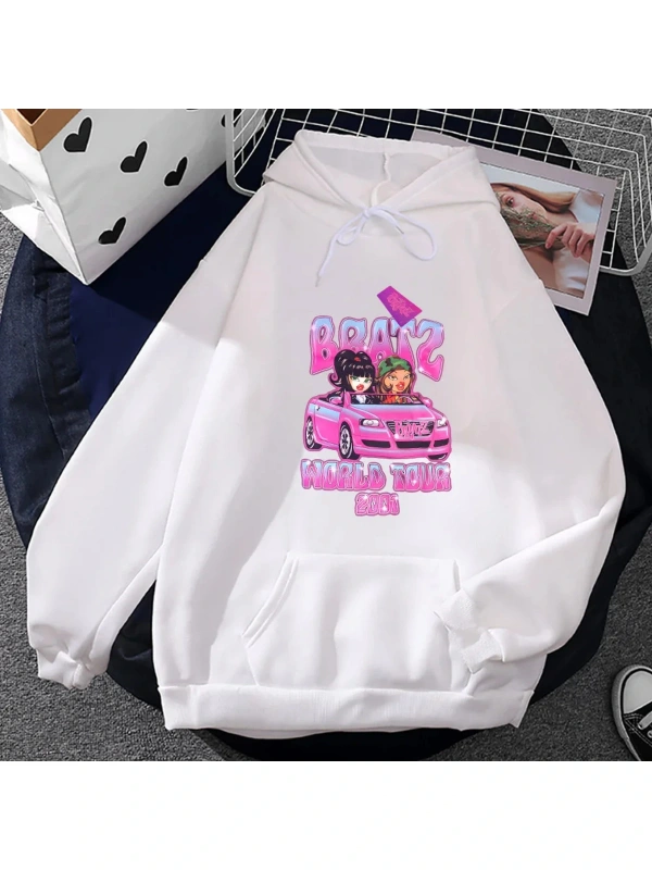 Beyaz Unisex Bratz karikatür streetwear Hoody erkekkomik Harajuku grafik kapşonlu so
