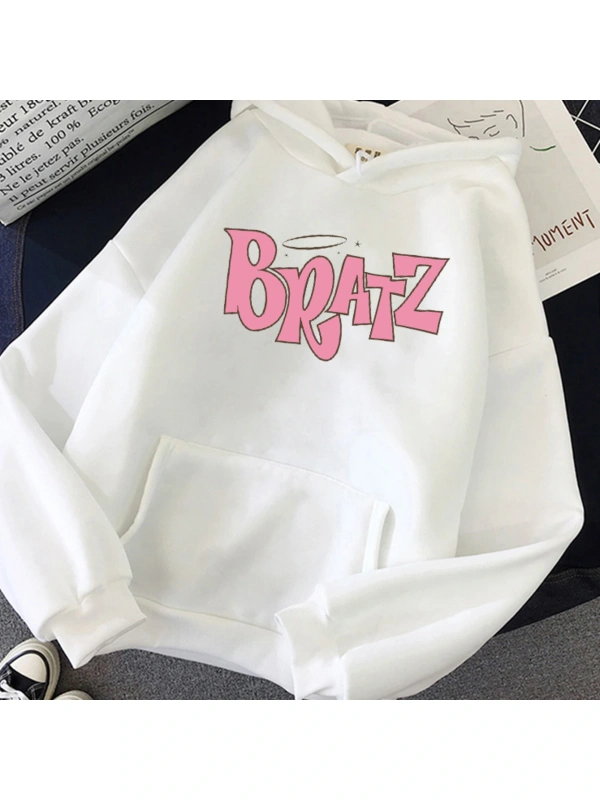 Beyaz Unisex Bratz mektup baskılı kapüşonlu sonbahar ve rahat öğr