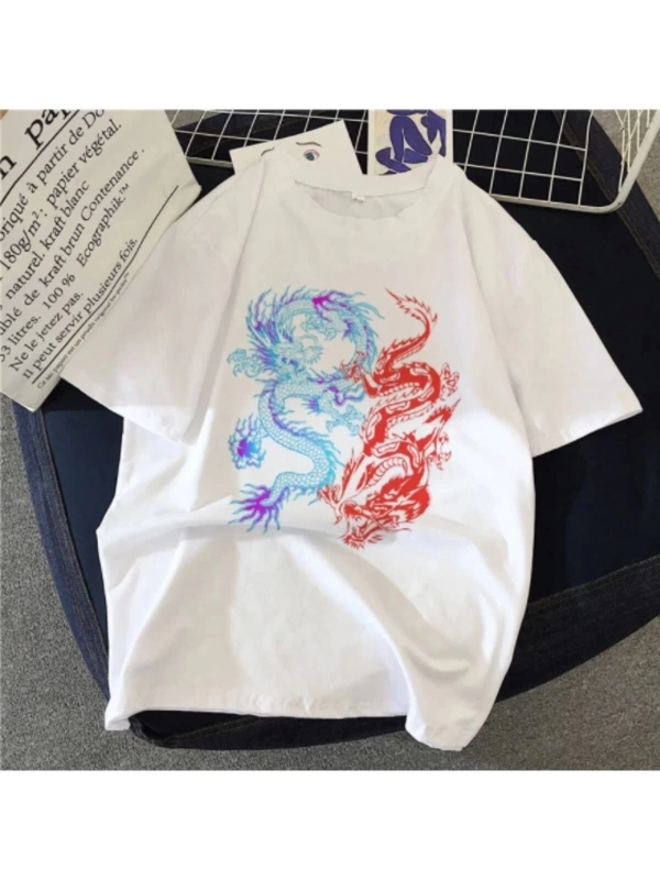 Beyaz Unisex Çift Dragon Baskılı Oversize Bisiklet Yaka T-shirt