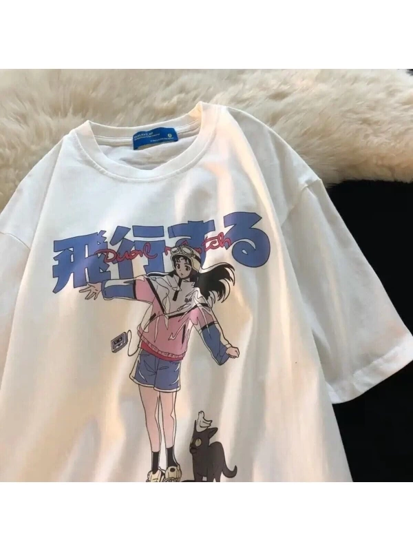 Beyaz Unisex Çince Yazılı Kedi Tişört