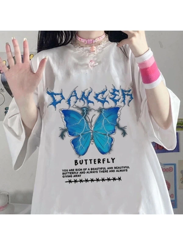 Beyaz Unisex Danger Butterfly Tişört