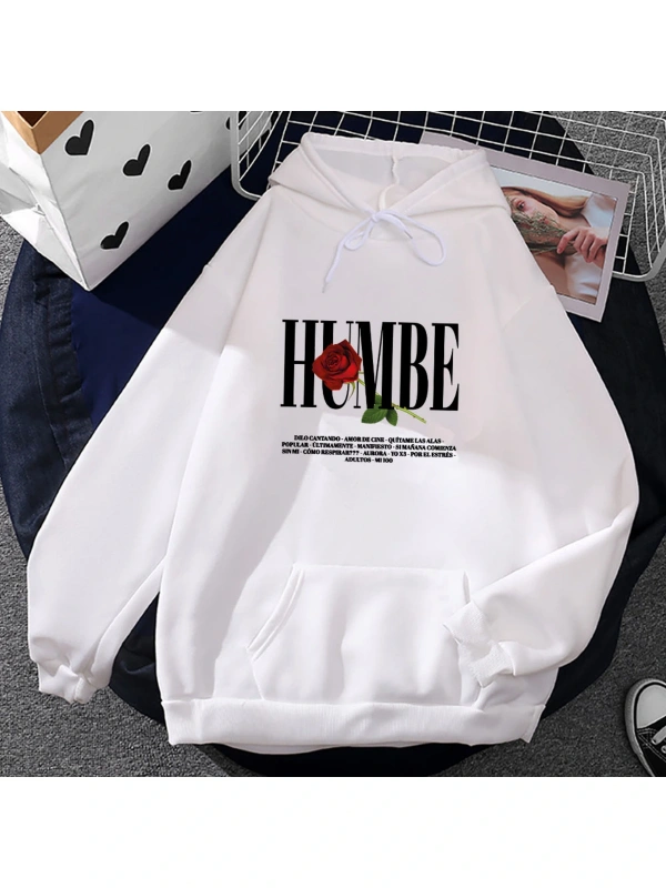 Beyaz Unisex Gül Humbe baskı rahat için kışsonbahar Streetwear Hip Hopse