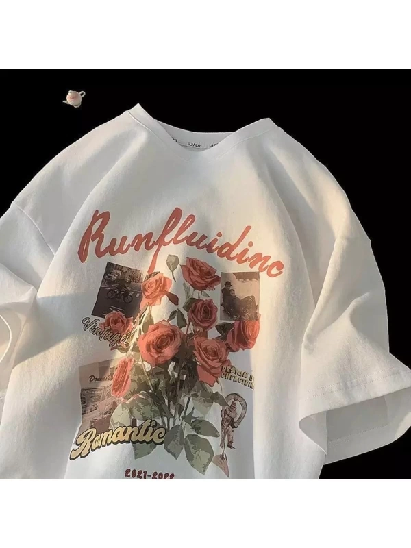 Beyaz Unisex Gül Kolaj Tişört