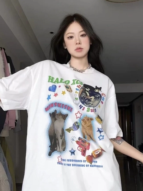 Beyaz Unisex Halo Kedi Kolaj Tişört