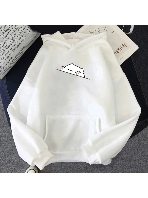 Beyaz Unisex Hoodie sevimli rahat karikatür kedi baskı moda kore tarzı gevşekk