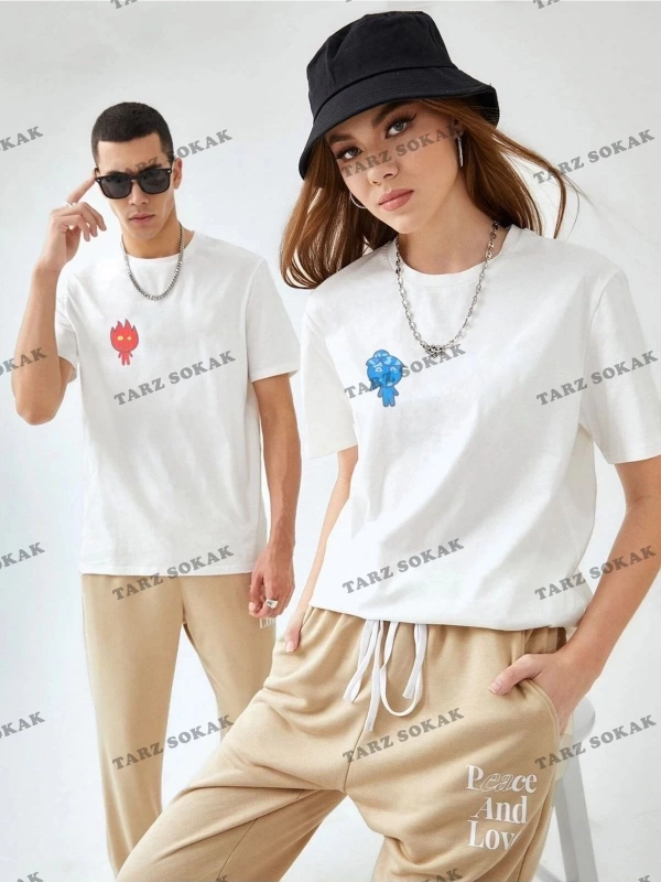 Beyaz Unisex Ikili Ateş Ve Su Baskılı Sevgili Çift Bisiklet Yaka Oversize