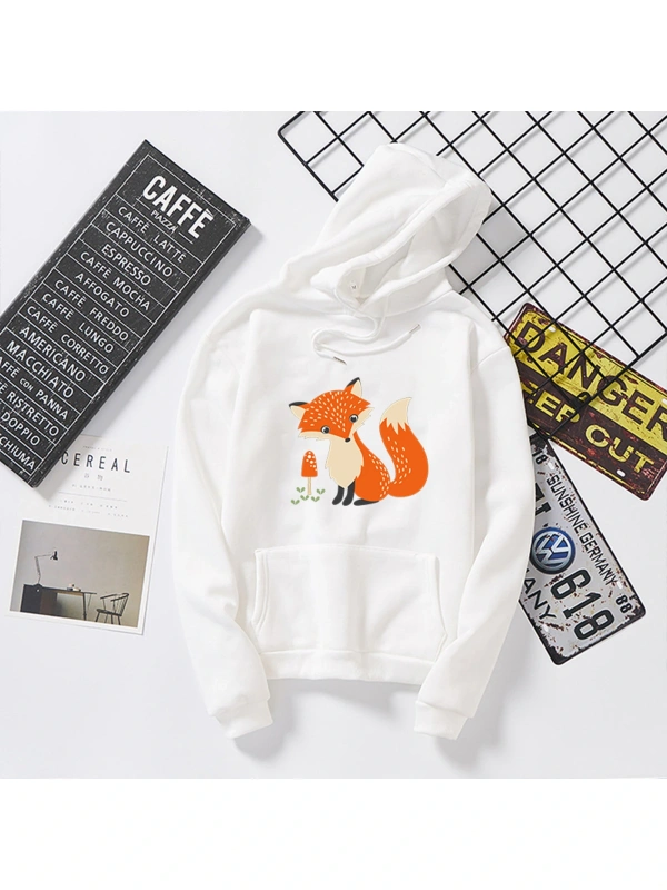 Beyaz Unisex Japon Harajuku sonbahar kapüşonlu sevimli tilki baskı öğrenci gevşek