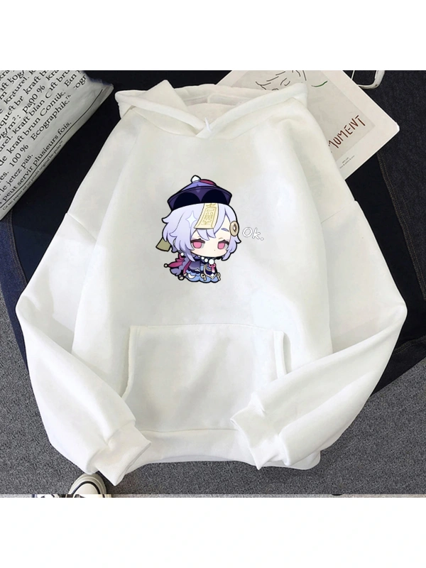 Beyaz Unisex Kawaii Genshin Etki Qiqi Kapüşonlular Anime Hoodie Grafik Streetwear