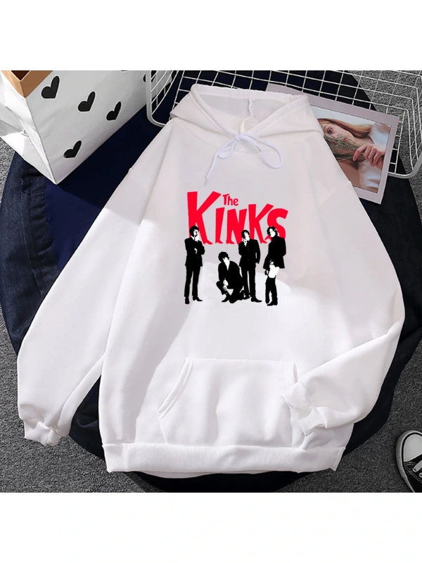 Beyaz Unisex Kinderas Rock Band Kinks baskı rahat yumuşak kapşonlu Hip deras Hip Hop