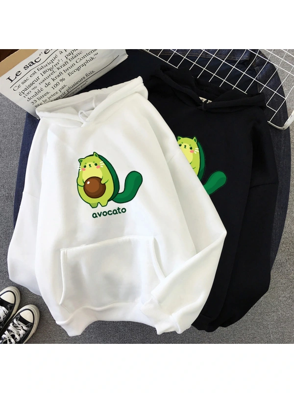 Beyaz Unisex Kişilik Sevimli Çift Karikatür Avokado Baskı Sıcak Rahat Öğrenci Hoodie Moda Gelgit