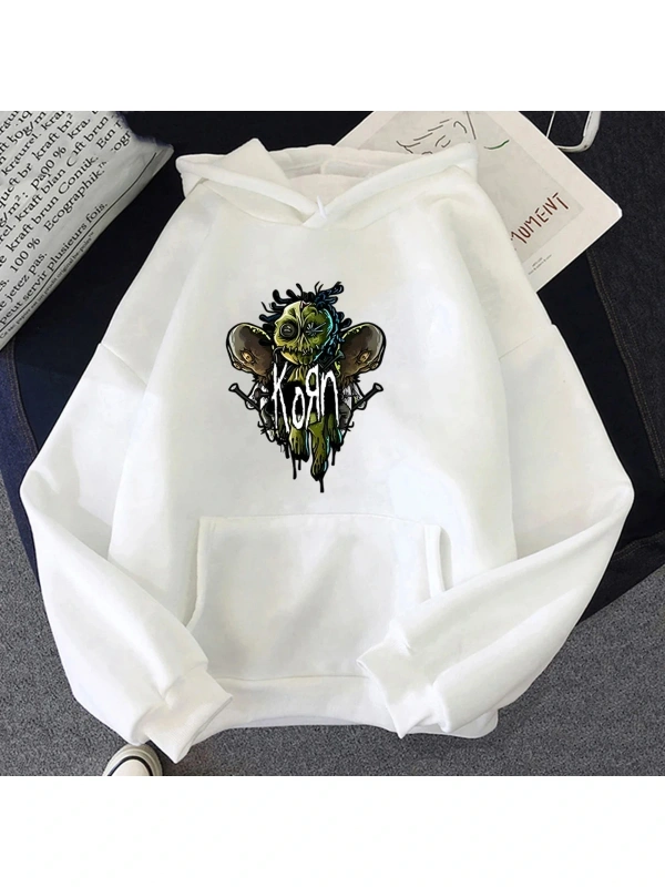Beyaz Unisex Korn Band Ağır Zihinsel Grafik Kapüşonlular Düzenli Fit