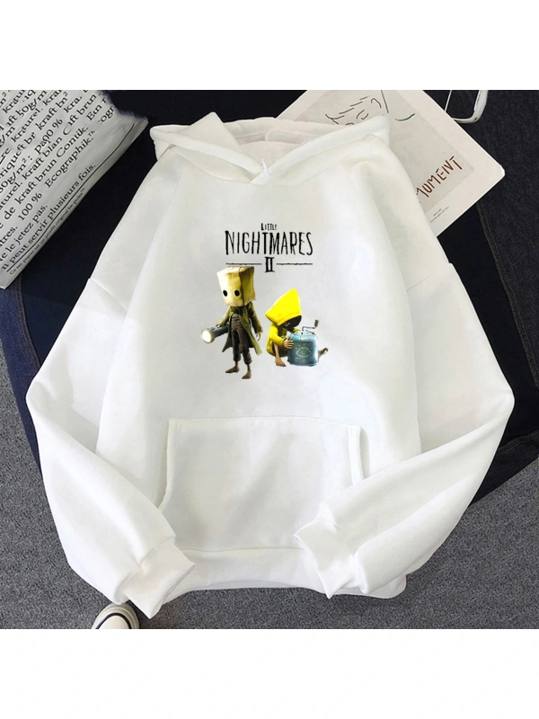 Beyaz Unisex Küçük Nightmares Hoodie baskı cep Streetwear korku macera oyun