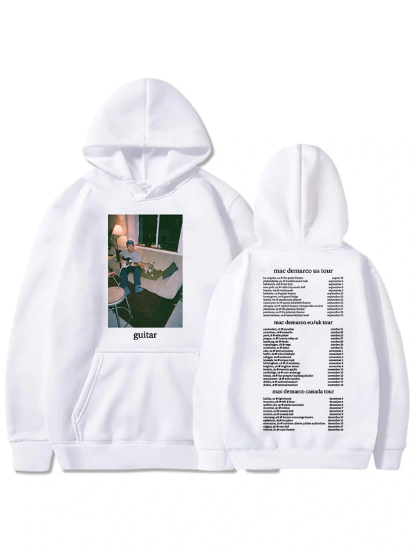 Beyaz Unisex Mac DeMarco Gitar Turu Rahat Kapşonlu Moda Şarkıcı Grafik