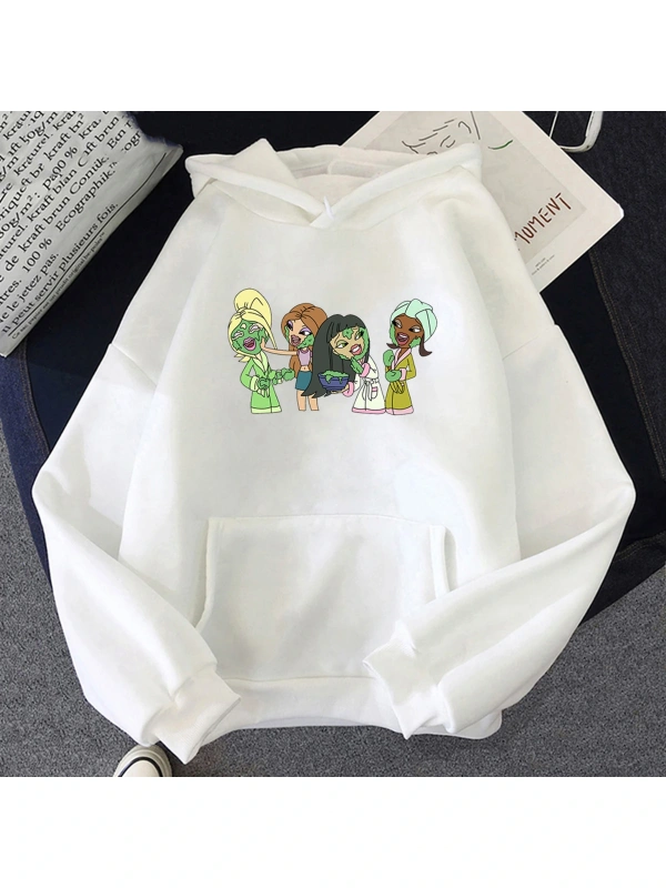 Beyaz Unisex Mektup Bratz Hoodieslar rahat Crewneck Kpop spor sıcak gev