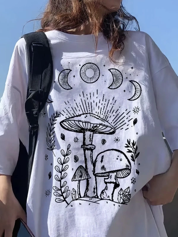 Beyaz Unisex Moon Mantar Tişört