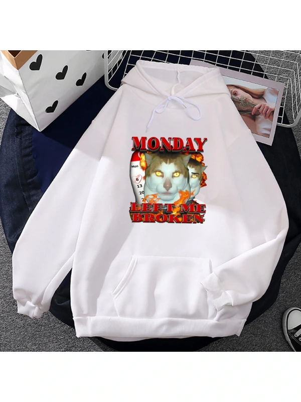 Beyaz Unisex Pazartesi sol bana kırık kedi Meme kapşonlu Streetwear Hip Hop rah